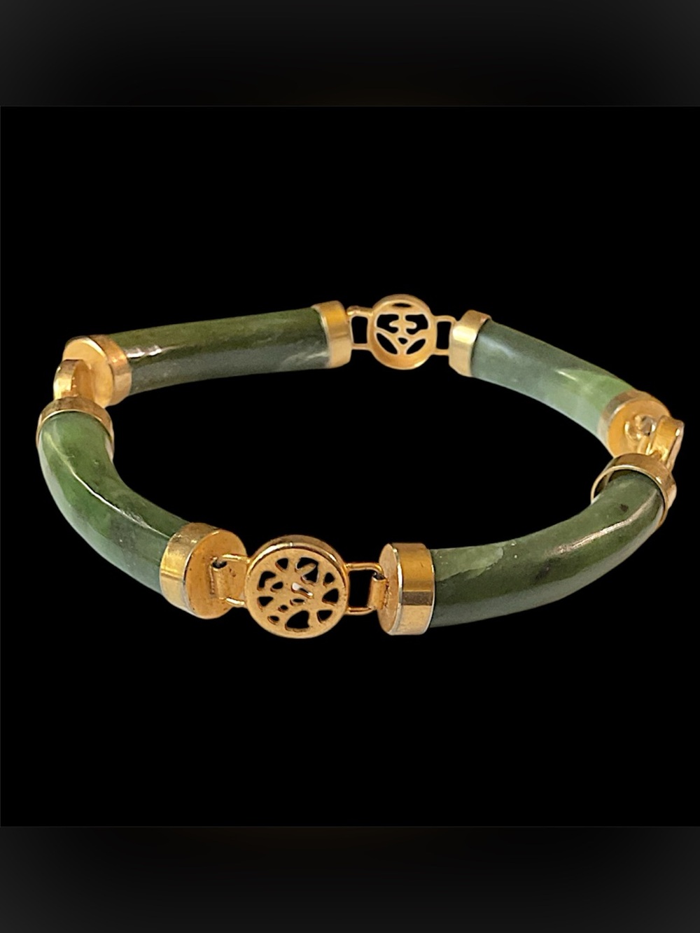 Vintage Chinese Spinach Jade Nephrite Gold Toned Good Luck Bangle Bracelet